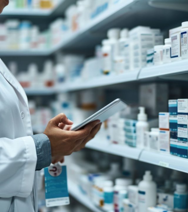 MicrosoftTeams-image (2) Female pharmacist or healthcare professional taking inventory or reviewing a clipboard in a pharmacy with shelves stocked with various medications.